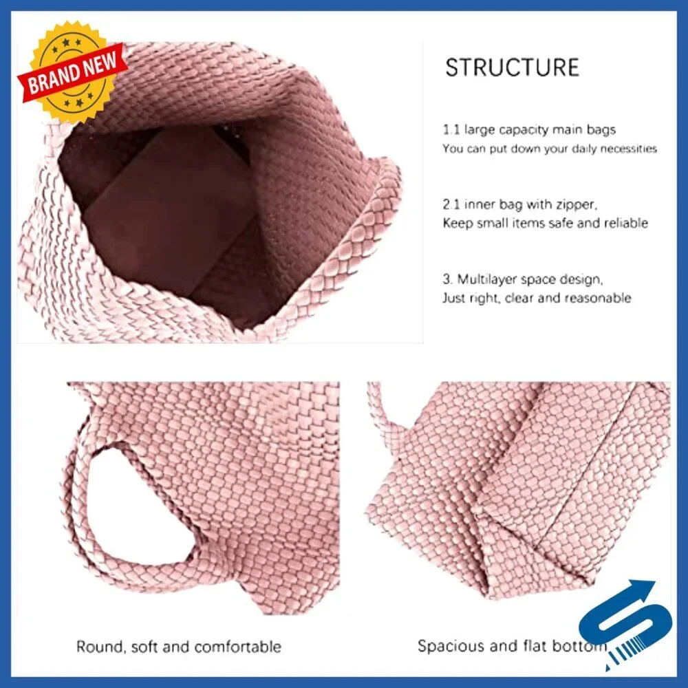 Woven Vegan Leather Tote Handbag Summer Beach Travel Satchel Purse